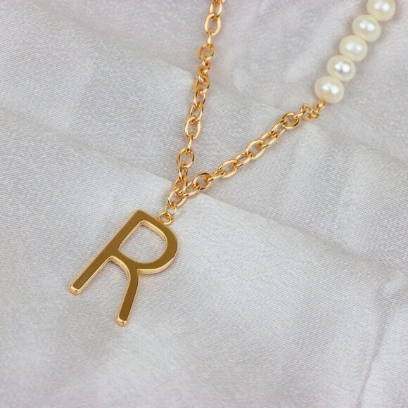 "Rose Gold Initial 'R' Necklace with Pearls, XPNL1904 - Picture 1 of 12